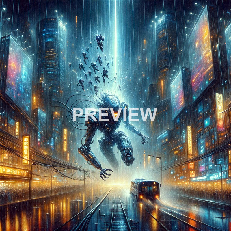 A futuristic cityscape at night featuring towering illuminated buildings, a large humanoid robot with glowing eyes, and several smaller robots flying above the streets, with rain creating reflections on the wet surfaces.